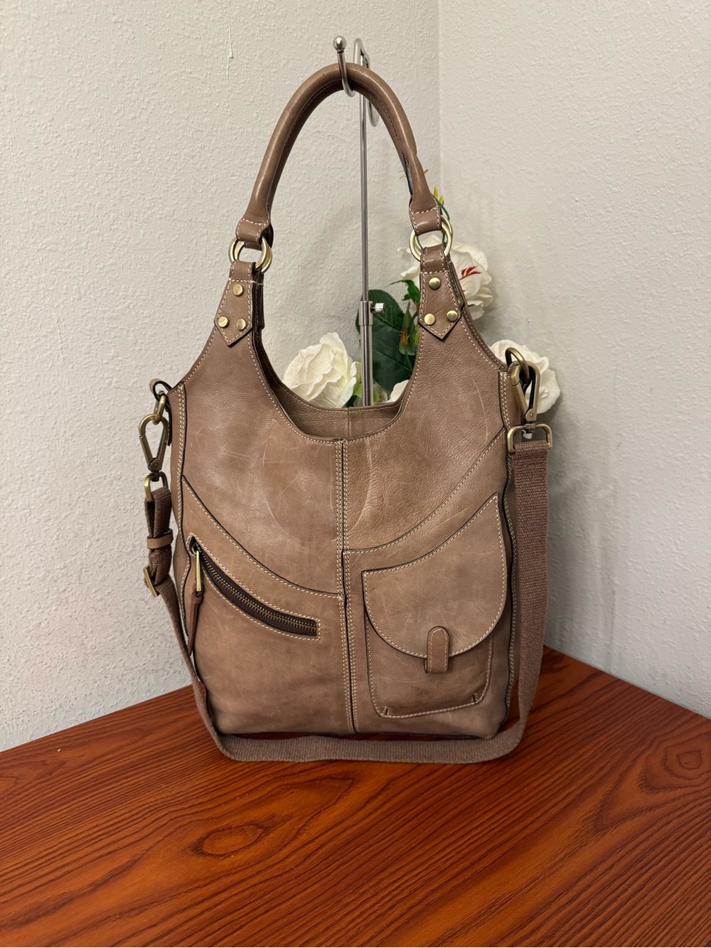 Sundance Taupe Brown Leather Shoulder Bag with Front Pockets